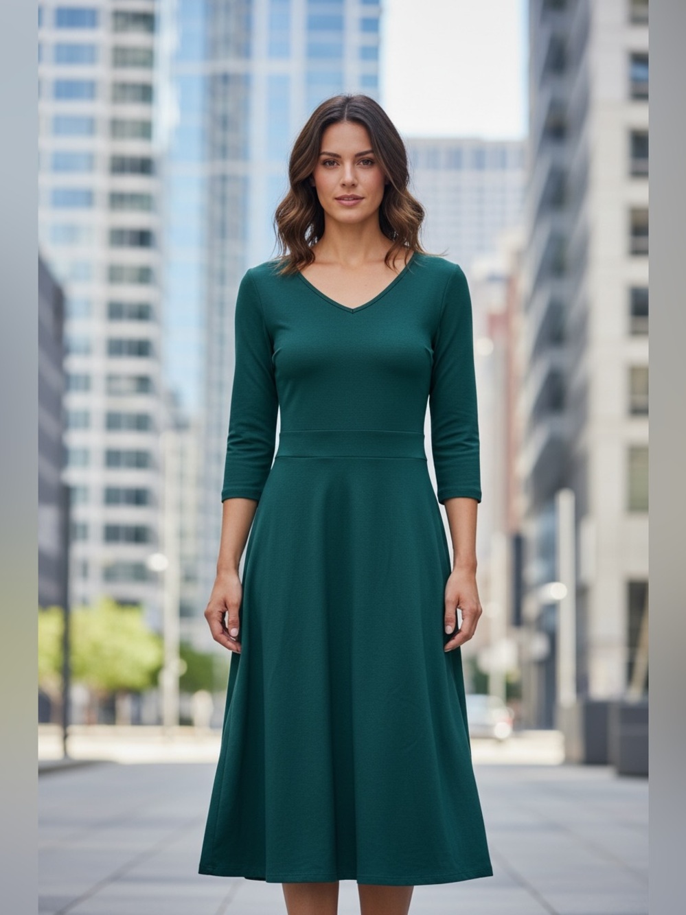Pinup Fashion Emerald Green Midi Dress 16W Plus Tie Waist 3/4 Sleeve Stretch